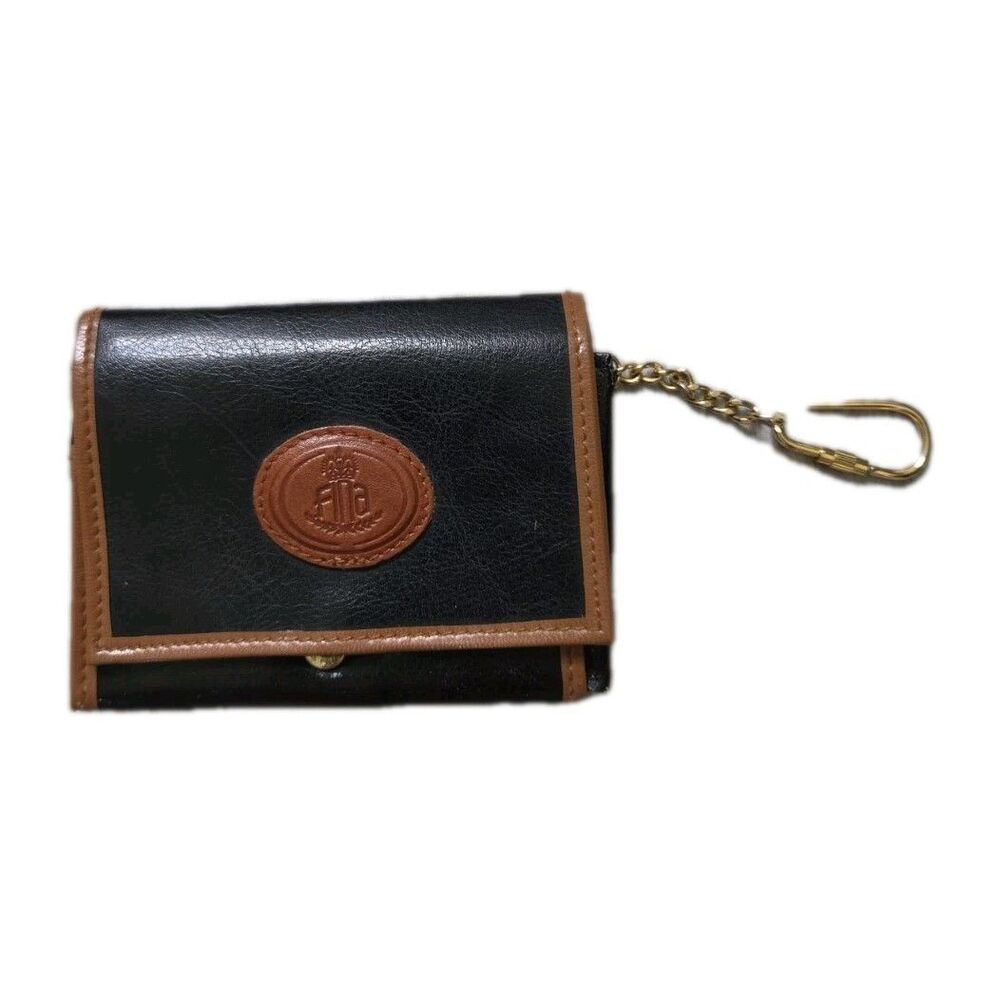 VTG FINA Black Brown Keychain Wallet Coin Purse ID Holder Genuine Leather Trim